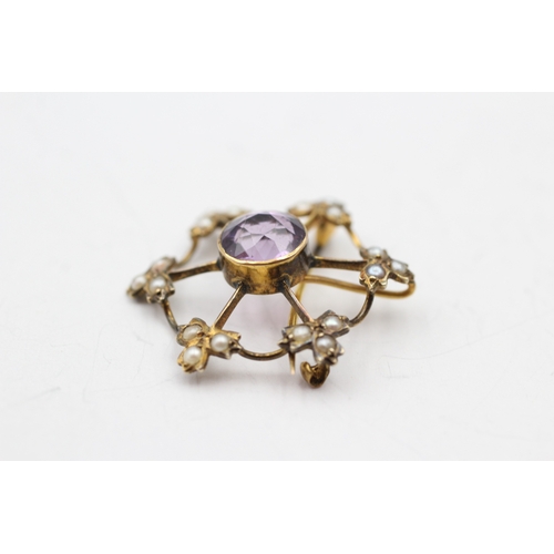 199 - 9ct gold amethyst and seed pearl brooch (2.4g)