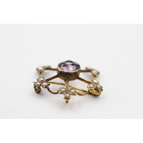 199 - 9ct gold amethyst and seed pearl brooch (2.4g)