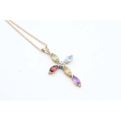 202 - 9ct gold diamond, amethyst, citrine, garnet, peridot and topaz cross pendant on chain (2.3g)