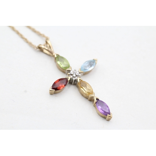 202 - 9ct gold diamond, amethyst, citrine, garnet, peridot and topaz cross pendant on chain (2.3g)