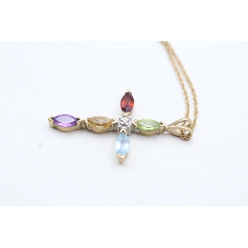 202 - 9ct gold diamond, amethyst, citrine, garnet, peridot and topaz cross pendant on chain (2.3g)