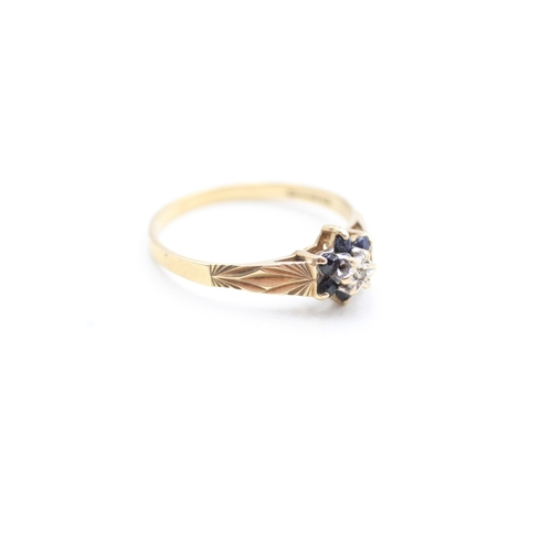 211 - 9ct gold sapphire and diamond floral halo ring (1.5g) Size P