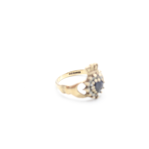 225 - 9ct gold sapphire & cubic zirconia claddah ring (2.1g) Size I