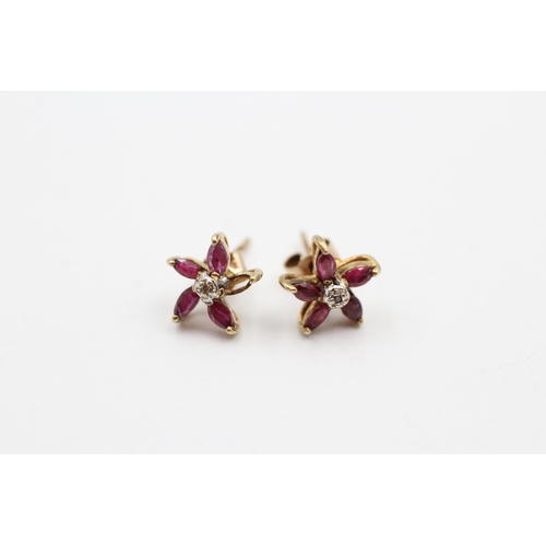 231 - 9ct gold ruby and diamond flower stud earring (1.2g)