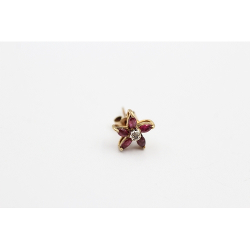 231 - 9ct gold ruby and diamond flower stud earring (1.2g)