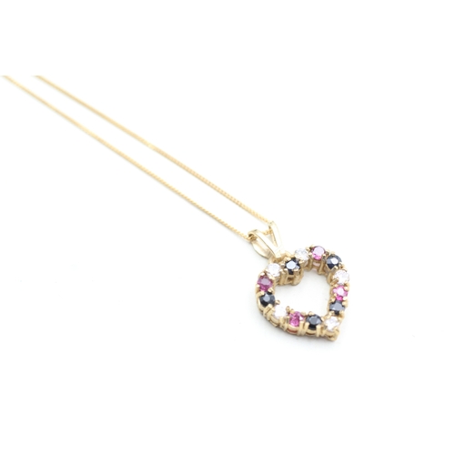 241 - 9ct gold ruby, sapphire and cz set open heart pendant necklace (2.4g)