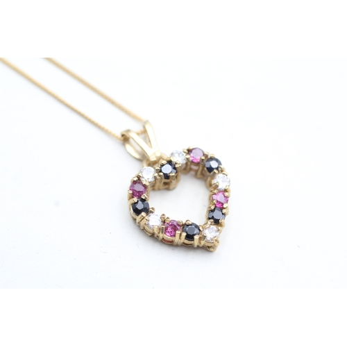 241 - 9ct gold ruby, sapphire and cz set open heart pendant necklace (2.4g)