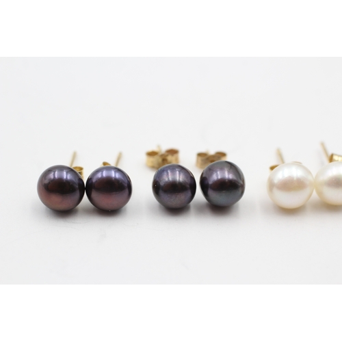 249 - 3x 9ct gold cultured pearl stud earrings (2.8g)