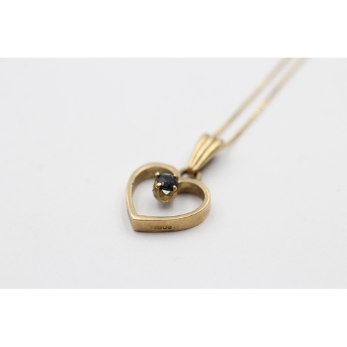 25 - 9ct gold sapphire heart pendant on chain (1.9g)