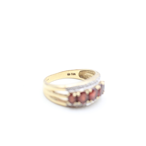 3 - 9ct gold diamond and garnet set band ring (4.4g) Size Q