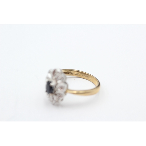 34 - 9ct gold sapphire and diamond halo ring (3.2g) Size P