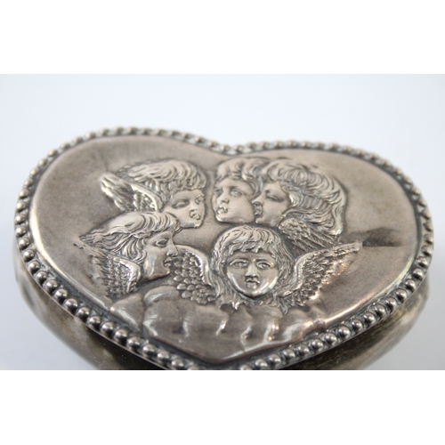 372 - Victorian 1898 Birmingham Sterling Silver Cherub Detailed Heart Trinket Box 40g