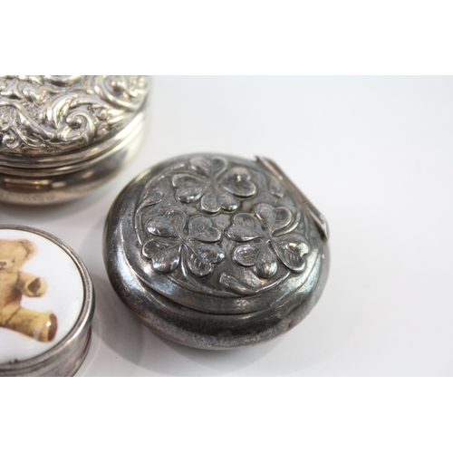 389 - 4 x Antique / Vintage .925 Sterling Silver Pill / Trinket Boxes Inc Enamel (83g)