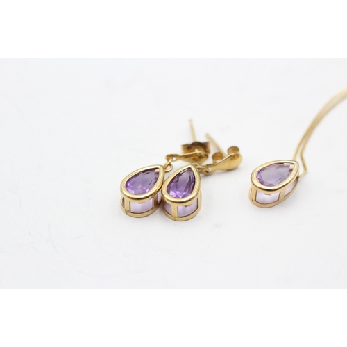 39 - 2x 9ct gold pear cut amethyst necklace & drop earrings set (1.9g)