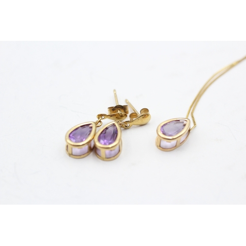 39 - 2x 9ct gold pear cut amethyst necklace & drop earrings set (1.9g)