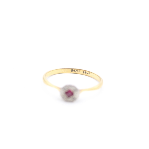 42 - 18ct gold and platinum set diamond and ruby set cluster ring (1.8g) - misshapen Size M