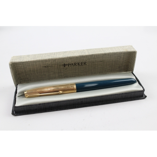 492 - Vintage Parker 51 Teal Fountain Pen w/ 14ct Gold Nib WRITING Gold Plated Cap