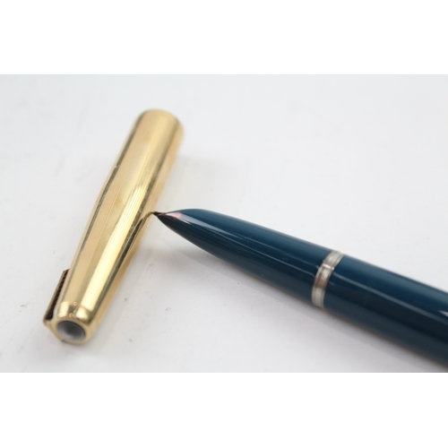 492 - Vintage Parker 51 Teal Fountain Pen w/ 14ct Gold Nib WRITING Gold Plated Cap