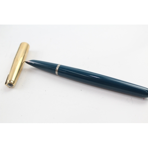 492 - Vintage Parker 51 Teal Fountain Pen w/ 14ct Gold Nib WRITING Gold Plated Cap