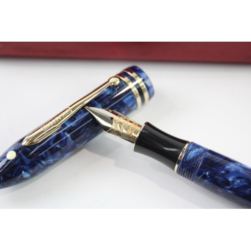 499 - Sheaffer Balance Blue Marble Lacquer Fountain Pen w/ 18ct Gold Nib WRITING Boxed