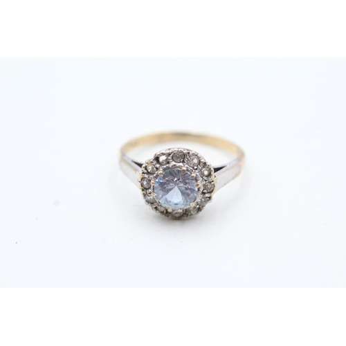 64 - 9ct gold diamond and blue gemstone paste halo ring (2.2g) Size M