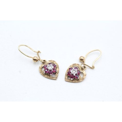 72 - 9ct gold ruby and diamond heart drop earrings (2g)