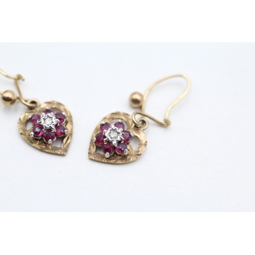 72 - 9ct gold ruby and diamond heart drop earrings (2g)