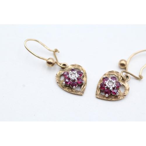 72 - 9ct gold ruby and diamond heart drop earrings (2g)