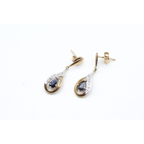 81 - 9ct gold sapphire and diamond drop earrings (1.6g)