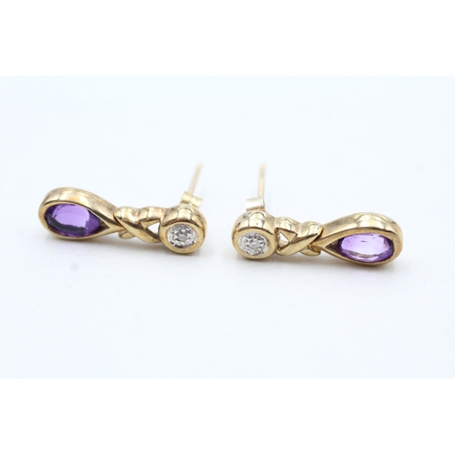 97 - 9ct gold amethyst and diamond drop earrings (2.5g)