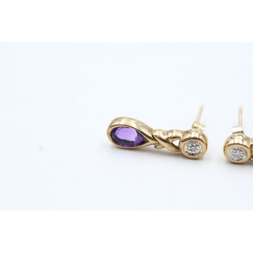 97 - 9ct gold amethyst and diamond drop earrings (2.5g)