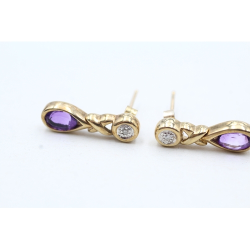 97 - 9ct gold amethyst and diamond drop earrings (2.5g)