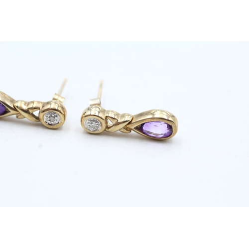 97 - 9ct gold amethyst and diamond drop earrings (2.5g)