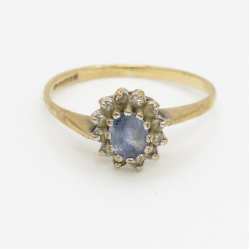 50 - 9ct gold diamond and sapphire halo ring (1.4g) Size M 1/2