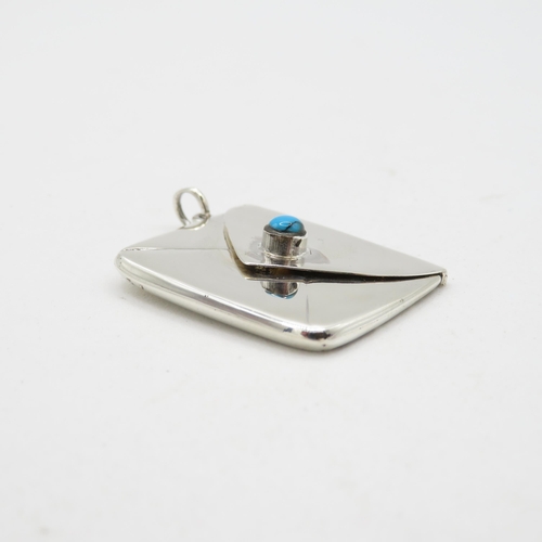 346 - HM Sterling Silver 925 with turquoise stamp envelope with tight closing hinged lid in excellent cond... 