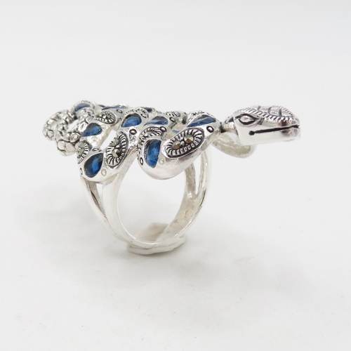 347 - HM 925 Sterling Silver Snake Ring with blue stones (16.2g) - 64mm Length