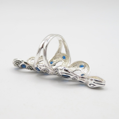 347 - HM 925 Sterling Silver Snake Ring with blue stones (16.2g) - 64mm Length