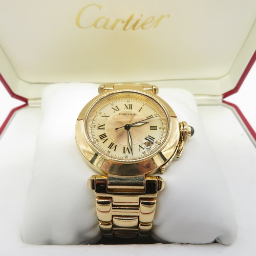 458 - Cartier Pasha 18ct Gold Watch – 38mm dial with full hallmarks to bracelet and watch.  Fully serviced... 