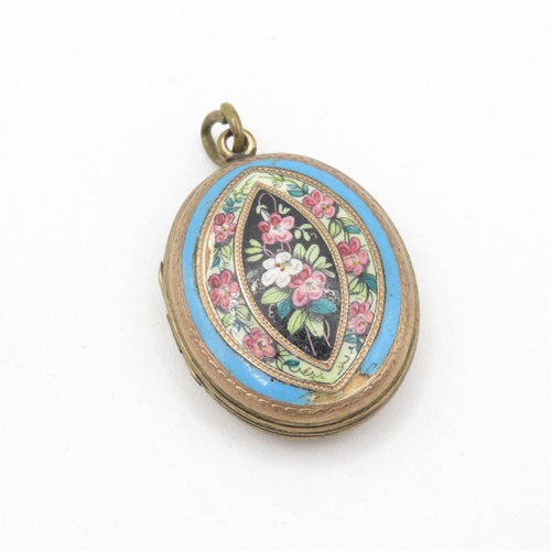 217 - 9ct gold back and front locket with floral enamel detail (10g)