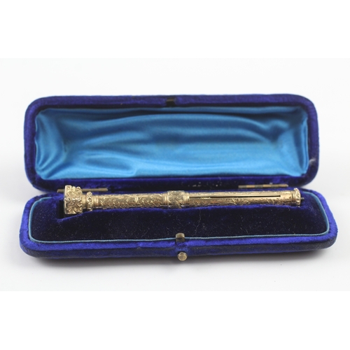 100 - 9ct gold cased Victorian retractable pencil with internal pen nib and fitted case (27.6g)