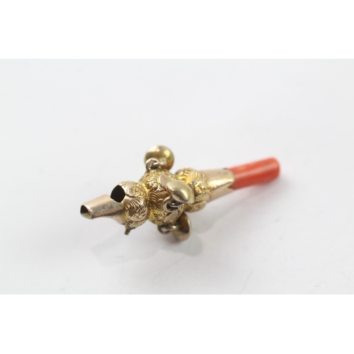 106 - 9ct gold antique coral whistle, as found (1.5g)