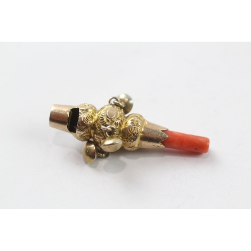 106 - 9ct gold antique coral whistle, as found (1.5g)