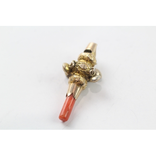 106 - 9ct gold antique coral whistle, as found (1.5g)