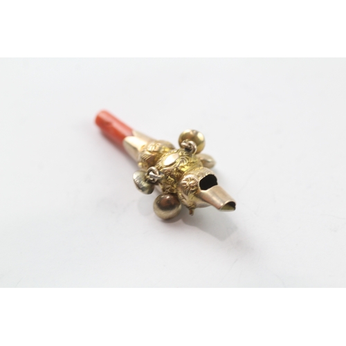 106 - 9ct gold antique coral whistle, as found (1.5g)