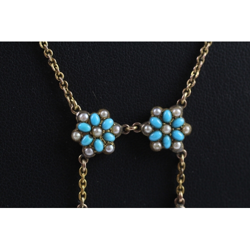 113 - 9ct gold turquoise and pearl floral design necklace (11.3g)