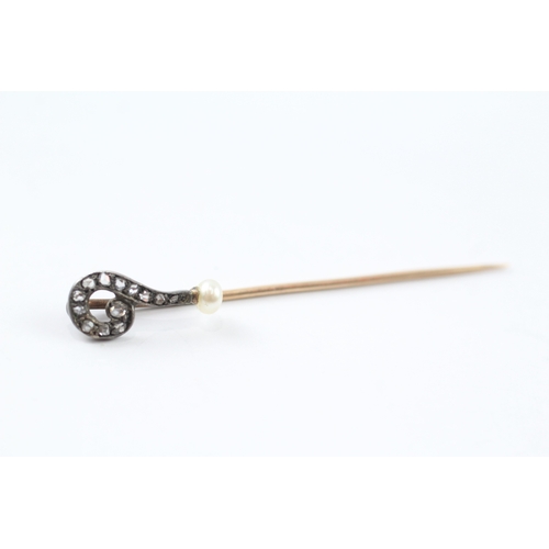 116 - 15ct gold and silver diamond and pearl set stick pin (1.6g)