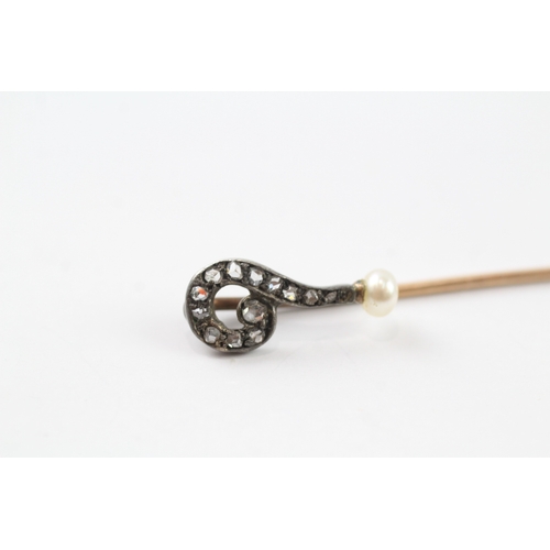 116 - 15ct gold and silver diamond and pearl set stick pin (1.6g)