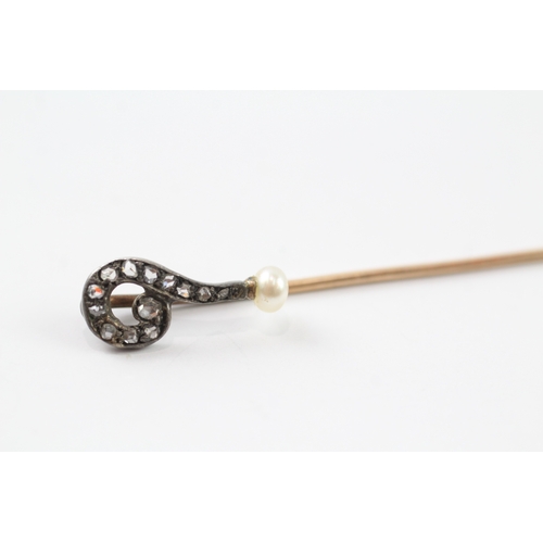 116 - 15ct gold and silver diamond and pearl set stick pin (1.6g)