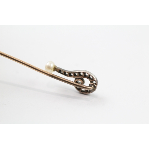 116 - 15ct gold and silver diamond and pearl set stick pin (1.6g)