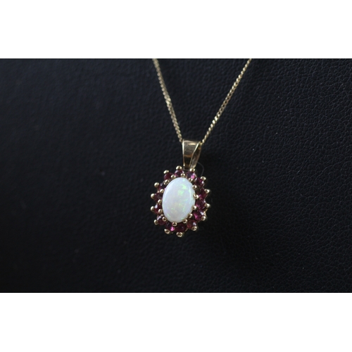 136 - 9ct gold ruby and opal halo pendant w/ 9ct gold chain (1.7g)